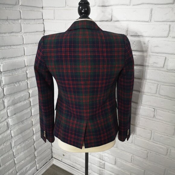 J. Crew Ladies Size 00 Navy Green Red Plaid Lined Wool Blend Blazer - Picture 2 of 12